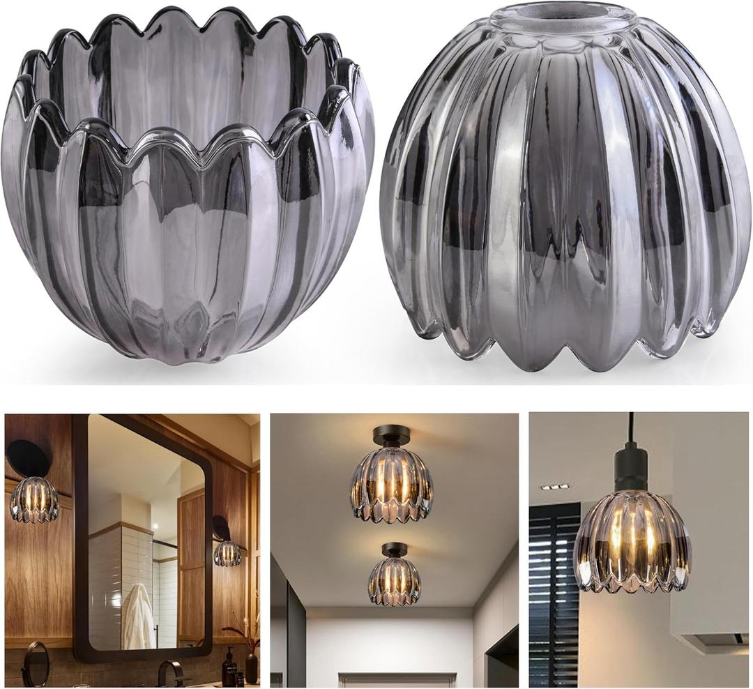 GO&SO Small Glass Smoke Grey Tulip Lamp Shades 2 Pcs Flower Art Blown Pendant Lamp Shade, 1.65" Top x 4.33" Diameter x 4.13" Height, 1.58lb, Replacement Mini Lamp Shade for Table Wall Lamp Chandelier