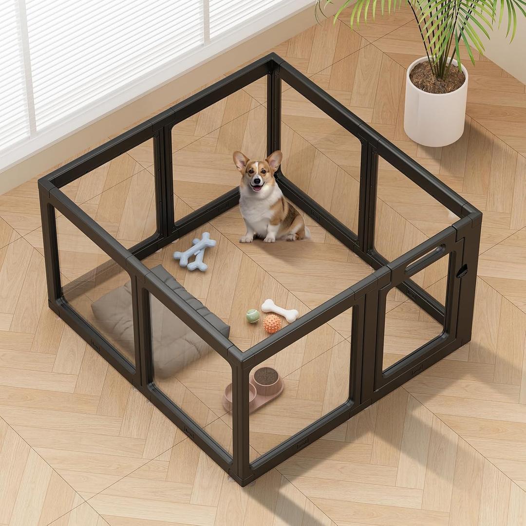 Clear Acrylic Dog Playpen Indoor Pet Pen, 24" H, Black, 8 Panels
Open View, Tool-free Setup, DIY Shapes, Versatile Use & Easy Cleaning Pen, Clear Dog Playpen for Small Dogs, Cats & Puppies