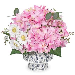Briful Centerpiece for Dining Table with Faux Hydrangea, Artificial Pink Hydrangea Arrangement in Blue & White Vase, Dining Table Decor Farmhouse Coffee Table Decor, Fake Flowers in Vase Home Decor