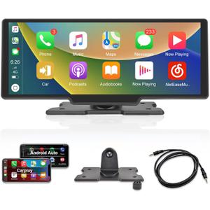 Carplay Screen Stereo 10.3 inch HD Wireless Portable Car Buddy Touchscreen Radio, Car Play & Android Auto FM Transmission Bluetooth for 7V-32V Vehicles