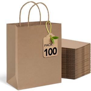 MESHA Gift Bags 10X5X13 Inch 100Pcs, Large Brown Paper Bags with Handles Bulk,Reusable Kraft Shopping Bag for Business Merchandise Retail Birthday Kids Party Favors