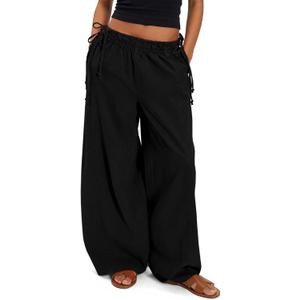Fisoew Womens Wide Leg Casual Pants Summer Drawstring Elastic Waist Loose Cotton Pants with Pockets (Black, S)
