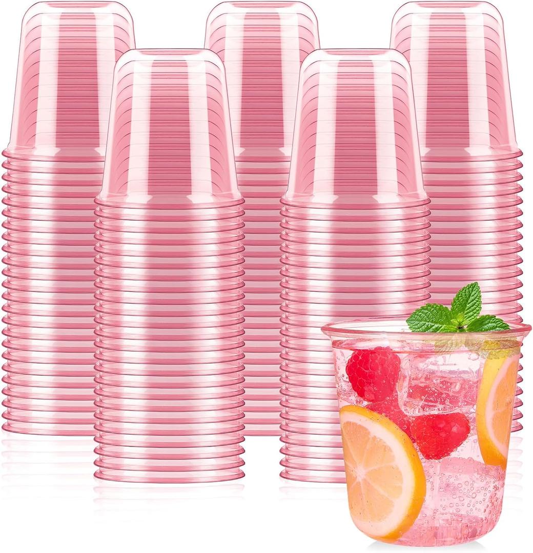 100 Pcs Pink Plastic Cups 12 Oz Disposable Stemless Wine Glasses Cocktail Pink Party Cups for Meeting, Wedding, Birthday, Valentines Party Supplies