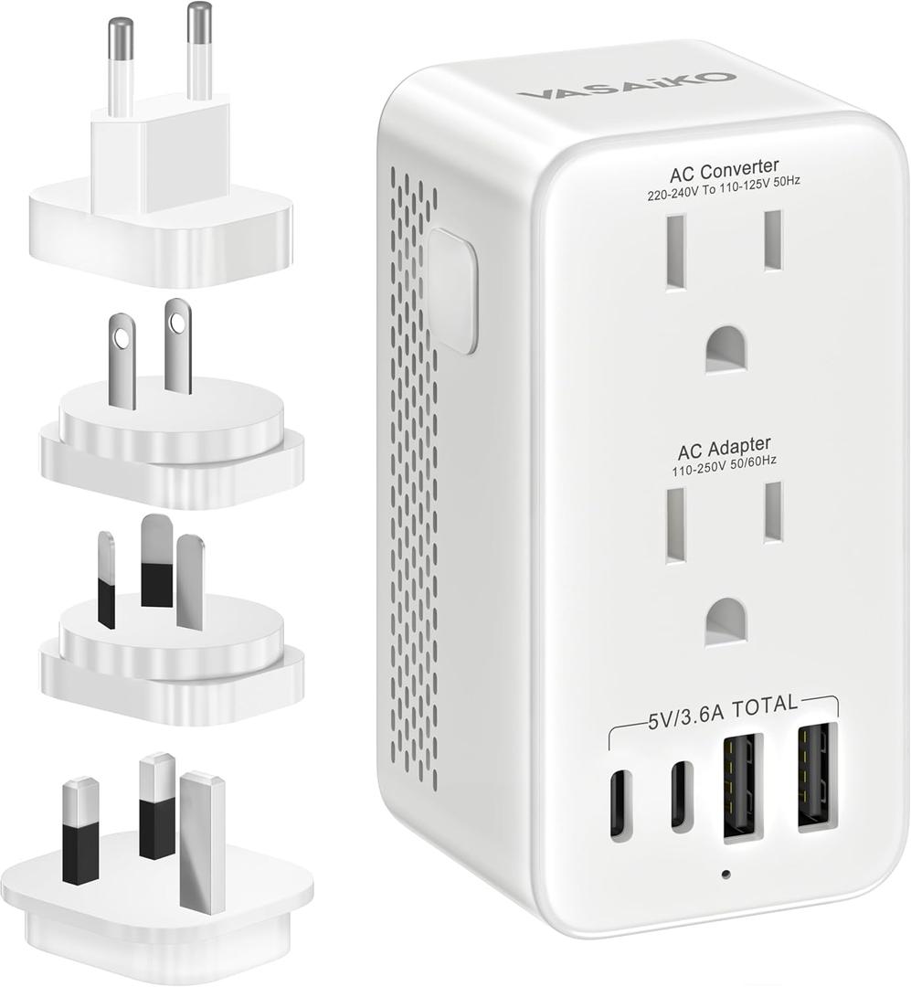 Voltage Converter US to Europe, 220 to 110 Converter for European Travel, Power Converter Adapter Combo with 2 USB-A 2 USB-C Port & UK/AU/US/IT/European Travel Plug Adapters