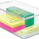 mDesign Plastic Stackable Home Office Storage Organizer Box with Hinge Lid - Holder Container Bin for Note Pads, Gel Pens, Staples, Dry Erase Markers, Tape, Supplies - Lumiere Collection - Clear