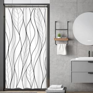 Riyidecor Small Stall RV Black White Leaves Shower Curtain Half Single Boho Abstract Striped Leaf Geometric Modern Simple Cool 36Wx72H Inch Man Fabric Decor Bathroom Polyester Waterproof 7 Pack Hooks