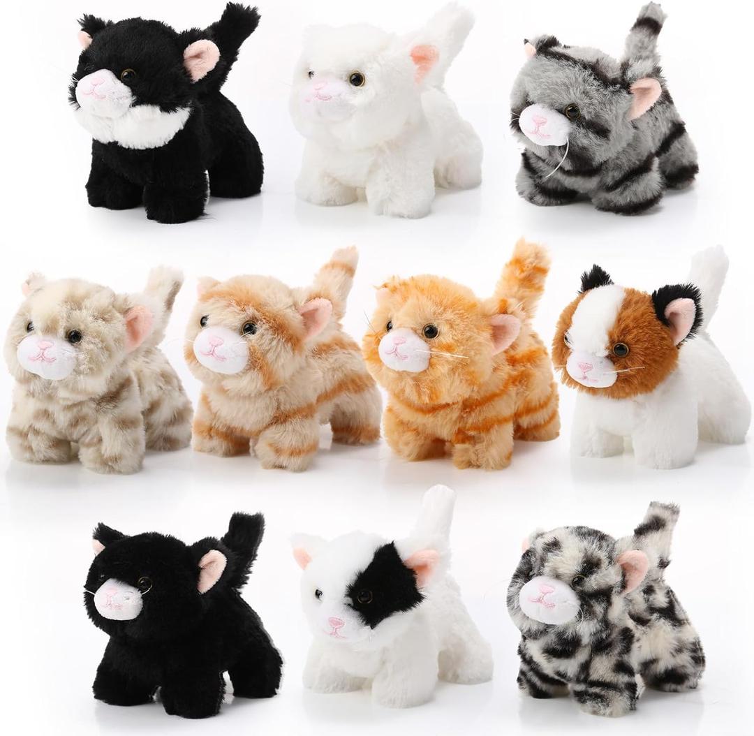 Lenwen 10 Pcs Cat Stuffed Animals Bulk Soft Cuddly Kitten Plush Sets Smitten Kittens Assorted Fluffy Stuffed Cats for Kiddos Birthday Gift Pet Party Favors Operation Christmas Stuffers(Standing Style)