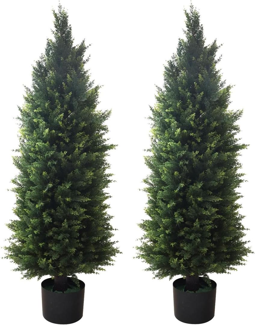Artificial Topiary Tree 2-Set - Beautiful Realistic Faux Cedar Pines, 4 Feet Tall, UV Protection for Longer Life, 6" Wide Heavy Duty Pots for Outdoor & Indoor Decor (48 Inch)