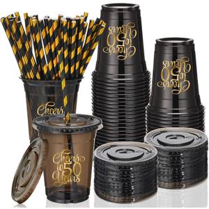 150 Pcs 50th Birthday Cups 12 oz Cheers to 50 Years Disposable Plastic Cups Black Gold Cold Beverage Drinking Tumblers Bulk for Men Women Birthday Wedding Anniversary Party Decorations Favors