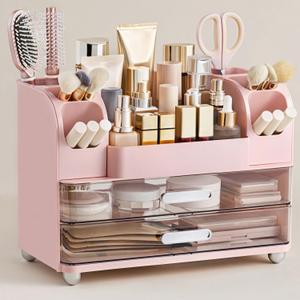 HBlife Makeup Organizer for Vanity with Brush Holder, Large Bathroom Countertop Cosmetic Organizer Skin Care Storage, Easy to Store Lipsticks, Nail Polishes, Perfumes, Eyeshadow Palettes, Pink