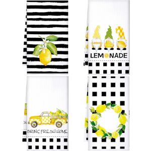 Bencailor 4 Pcs Lemon Kitchen Towels Lemonade Dish Towels Gnome Black and White Decorative Hand Tea Dishcloths with Hanging Loop for Home Housewarming Gift Kitchen Decor Accessories (Golden)