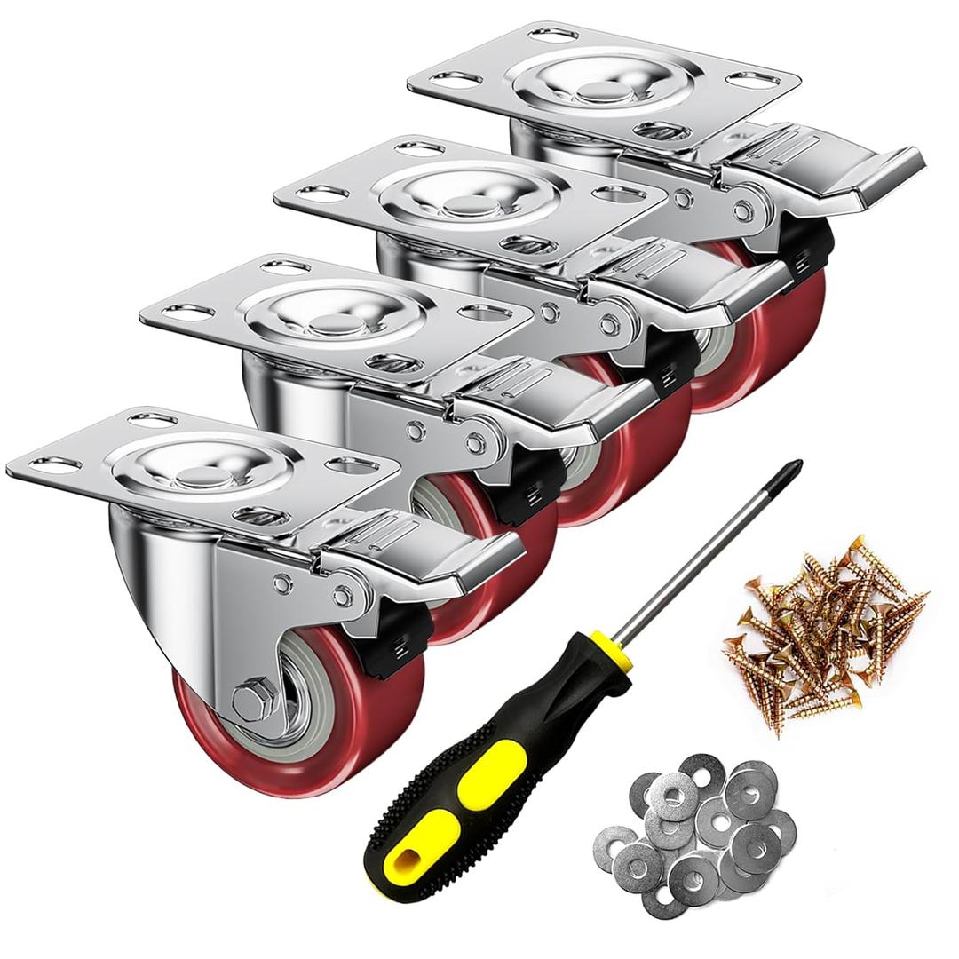 2 Inch Caster Wheels, Casters Set of 4, ASHGOOB Red Polyurethane (PU) Casters with Brake Heavy Duty, Industrial Locking Swivel Top Plate Castor Wheels for Workbench/Furniture/Cart
