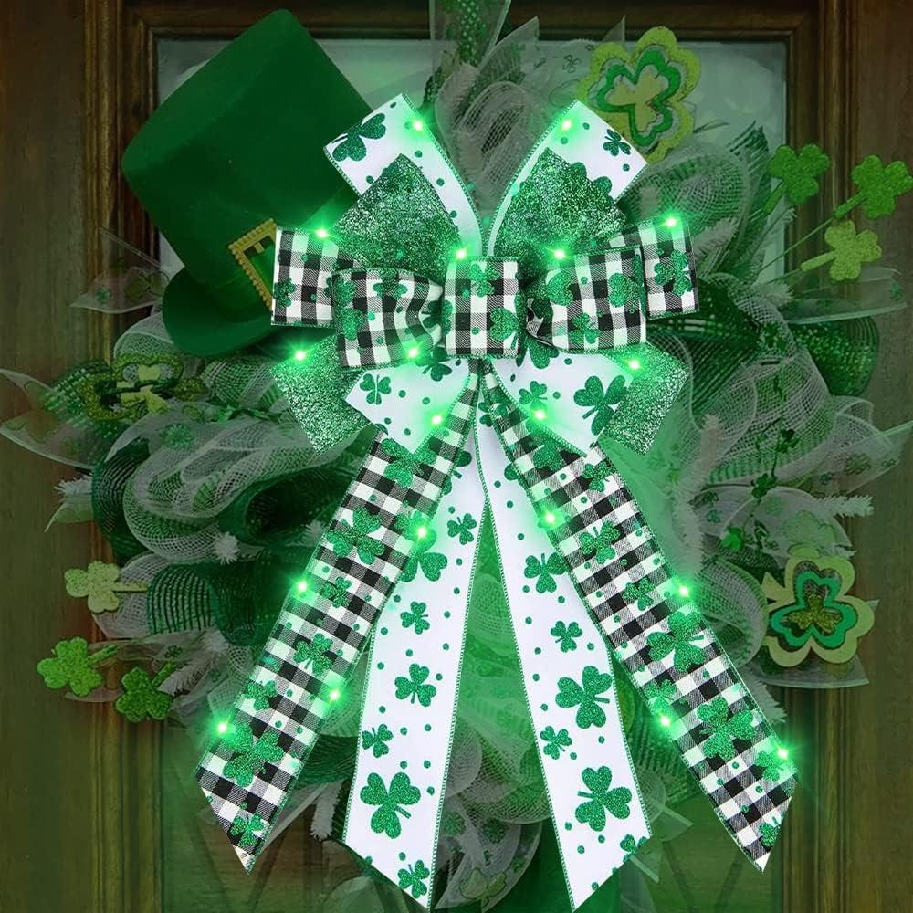 ALIBBON Large LED St. Patrick's Day Bows for Wreaths, St Patrick's Wreath Bows, Glitter Green Shamrock Bows for Crafts, Irish St. Patrick's Day Decor, Buffalo Plaid Bows for Parades Party Supplies