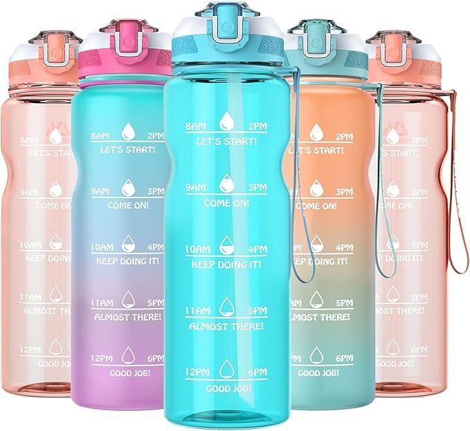 AKASO 32oz Water Bottles with Motivational Time Marker & Straw, Leakproof, Safety Lock, Tritan BPA Free, Water Jug for Fitness Gym Sports Office (Peach)