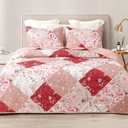 Whale Flotilla Patchwork Quilts Queen Size, Extra Soft Boho Floral Bedspreads for Bed Reversible Lightweight Full Queen Quilt Bedding Set Printed Coverlets with 2 Pillow Shams for All Seasons, Red