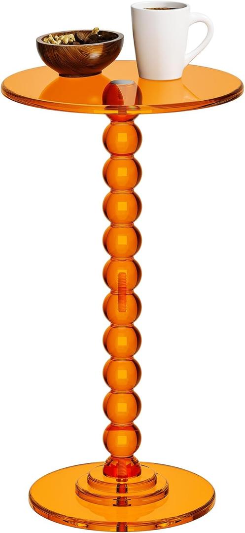 Acrylic Side Table, End Table Round Top with Solid Post for Living Room, Bedroom, Balcony, Easy Assembly (Pedestal, Orange)