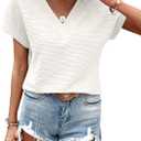 EVALESS Womens Cap Short Sleeve Textured Tops Summer Dressy Casual V Neck Solid Loose Basic T Shirts Tee Blouses, XX-Large