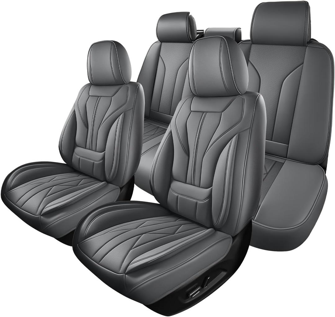 HChengkikz Car Seat Covers Full Set, Full-Wrap Faux Leather (Gray) | Universal Fit for SUV Truck Pickup Sedan, Waterproof with Memory Foam Lumbar Support, Airbag Compatible