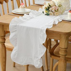 White Ruffled Table Runner 72 Inches Long Rustic Cotton Tabletop Farmhouse Decor for Baby Shower Bride Shower Birthday Party Holiday Wedding (Solid Color)