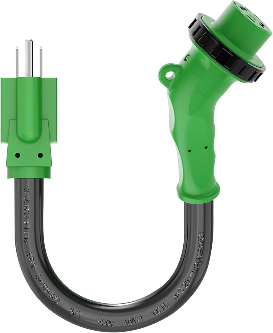 RVGUARD 30 Amp to 110 Volt RV Adapter Cord with 135 Degree Locking Connector, NEMA 5-15P to NEMA L5-30R Electrical Power Adapter with LED Power Indicator, 18 Inch, Green, ETL Listed