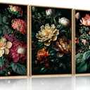FWIEXA Dark Floral Canvas Wall Art Set, Framed Vintage Moody Flower Wall Decor, Large Black Botanical Wall Painting, Academia Art Print 3 Piece 16x24 Inches for Living Room, Bedroom, Office