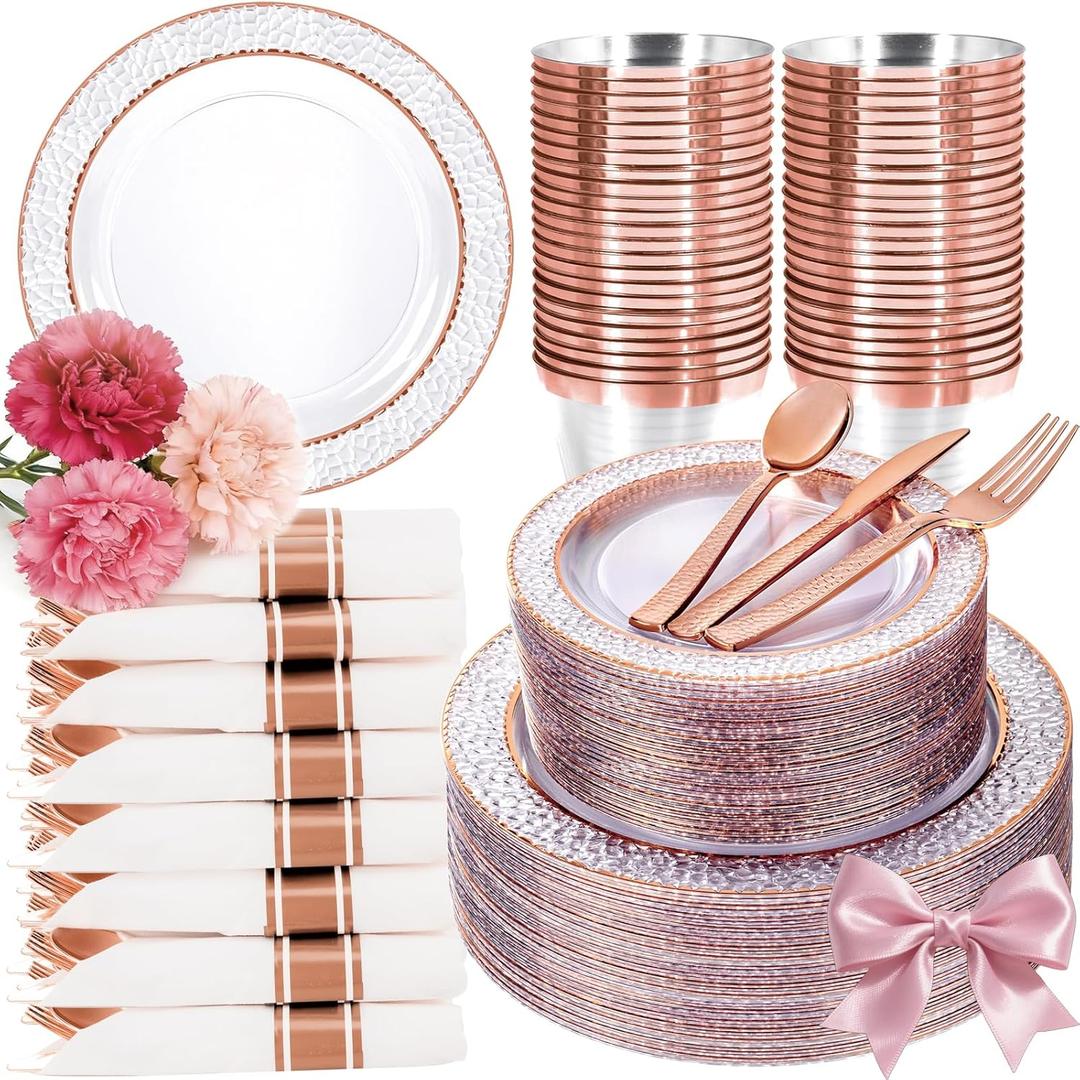 Ciaell 350PCS Rose Gold Plastic Plates - Clear Rose Gold Disposable Plates with Plastic Silverware include 100Plates, 150Silverware, 50Cups, 50Napkins for Wedding & Party & Mother's Day