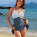 Blooming Jelly Women One Piece Swimsuits Swim Dress Tummy Control Bathing Suits V Neck Ruffle Skirt Swimwear (Blue, XL)