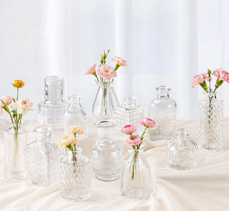 Babenest Glass Bud Vase Set of 12 pcs,Bud Vases in Bulk,Small Vases for Centerpieces, Mini Flower Vase Bulk for Rustic Wedding Home Table Decorations (Clear)