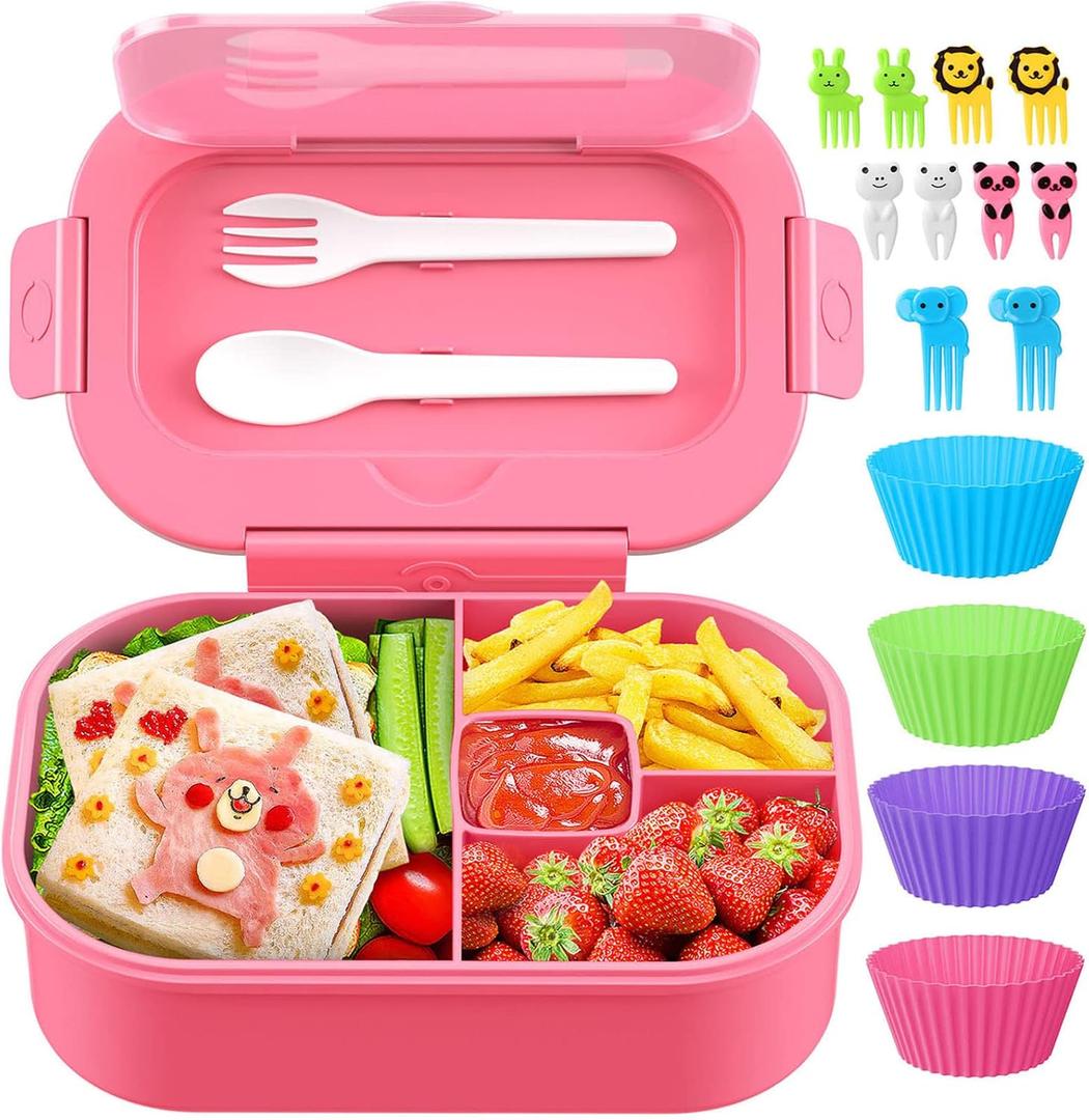 Bento Box, 44oz 4 Compartment Lunch Container with Cutlery for Kid/Adult/Toddler, Leak Proof, Microwave/Dishwasher/Refrigerator Safe, BPA Free (Pink)