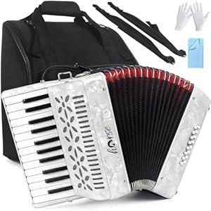 25 Keys Accordion, 16 Bass Piano Accordion Acorden Acordeones Para Adultos for Beginner and Adults, Lightweight Portable with Adjustable Straps, Cleaning Cloth, Glove, and Carrying Bag
(White)