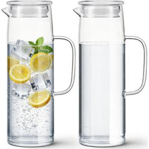 Hsei 2 Sets Glass Pitcher with Lid, 50 oz / 1500 ml Water Carafe with Handles Hot Cold Beverage Water Jar Glass Jug for Tea Juice Milk Coffee Iced Beverage (Glass Lid)