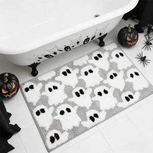 JarThenaAMCS Halloween Bathroom Rug 19.7 x 35.4 Inch Gray White Ghost Tufted Bath Mat Absorbent Non Slip Washable Shower Rug Front Door Mat for Home Bedroom Room
