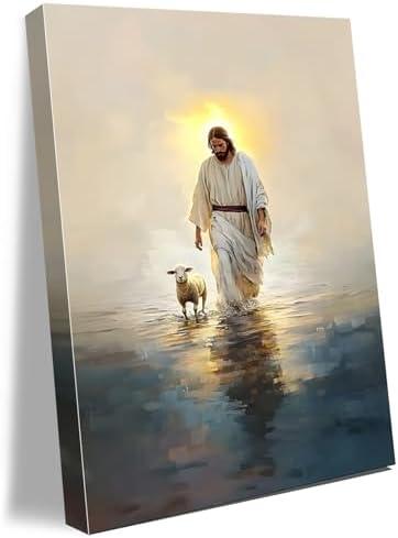 Jesus Walking on Water Canvas Wall Art with Lamb Jesus Picture for Wall Christian Painting Poster for Living Room Bedroom Dining Room Church Decor 16 * 24 IN(Stretched Canvas on A Wooden Frame)