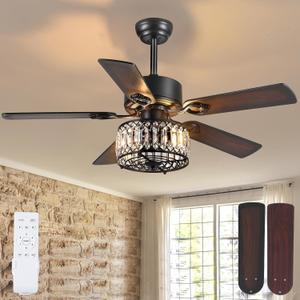 Farmhouse Ceiling Fans with Lights and Remote, 48 Inch Indoor Chandelier Ceiling Fan with Light, Crystal Fandelier Ceiling Fans for Living Dining Room Bedroom, Wood Blades, Quiet, Black