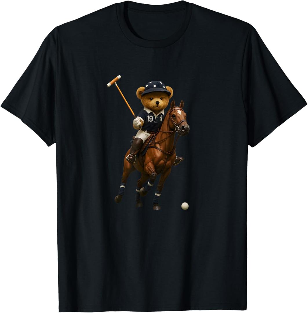 Cool Teddy Bear Playing Horse Polo Game Illustration Graphic T-Shirt (Blue, L)