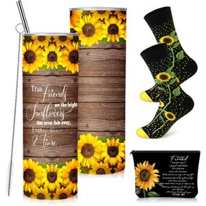 Sieral 3 Pcs Sunflower Gifts for Women Girls with 20 oz Sunflower Tumbler Makeup Bag and Crew Socks Sun Flower Gifts for Teacher Friend Graduation Back to School End of Year Party Favors