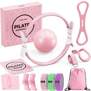 Pilates Ring Set for Women, Home Workout Pilates Equipment with Resistance Bands, 14'' Magic Circle, Mini Ball, Pilates Starter Kit for Strength, Toning and Flexibility (Medium-level2, Pink)