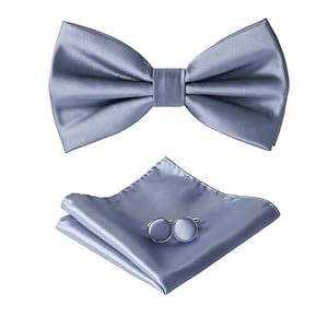 HOULIFE Men's Bow Ties Pretied Solid Color Satin Formal Tuxedo Bowties and Pocket Square Cufflinks Sets for Wedding Party (Dark grey)