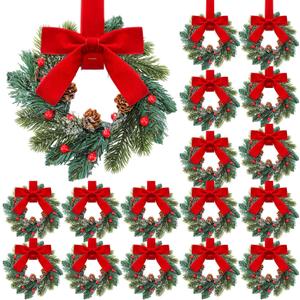 18 Pcs Mini Christmas Wreaths for Cabinet Kitchen Windows Decors Bulk with Red Bow Small Artificial Norfolk Farmhouse Wreaths with Berry Pine Cone for Fireplace Front Door Porch Wall Hanging
