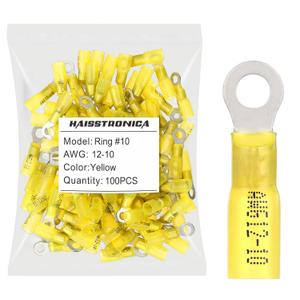 haisstronica 100pcs #10 Yellow Marine Grade Heat Shrink Ring Connectors,12-10 Gauge Tinned Red Copper 1mm Ring Terminals Connectors,Brazed-Seam Insulated Electrical Crimp Wire Terminals