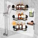 KEGII 5 Pack Corner Shower Caddy Suction Cup, Large Capacity Bathroom Organizer with Soap Dish & Toothbrush Holder, No Drilling Stainless Steel Wall Mounted Shower Storage, Black