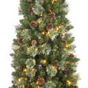 HomeKaren 6.5 Ft Prelit Christmas Tree, Artificial Pencil Christmas Tree with 250 LED Lights, Pine Needles and Pine Cones Xmas Decoration for Home
