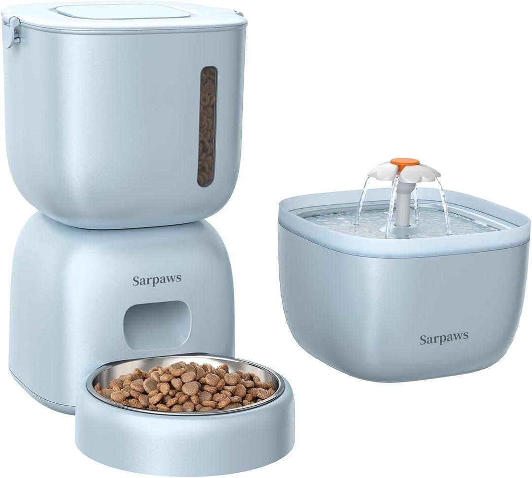 Automatic Cat Feeder and Water Dispenser FW1, Wire or Battery Cat Food Dispenser Timer Pet Feeder - Locking Lid, Desiccant Bag, Programmable Portion Control, 4 Daily Meals, 10s Voice Recorder-Blue