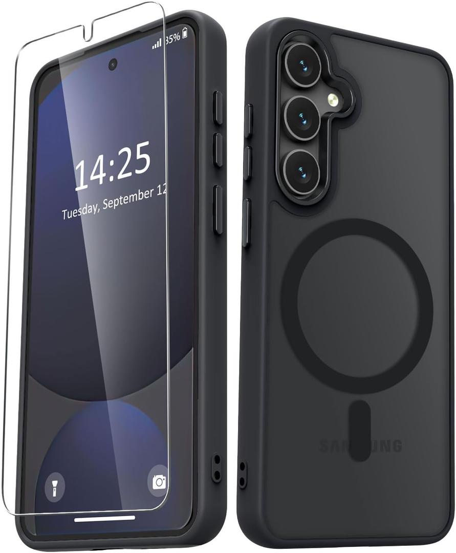 for Samsung Galaxy S24 FE Case, Matte Magnetic Phone Case with 1 Screen Protector, Support for Magsafe, Translucent Frosted Slim Shockproof Protective Cover for Samsung Galaxy S24 FE, Black