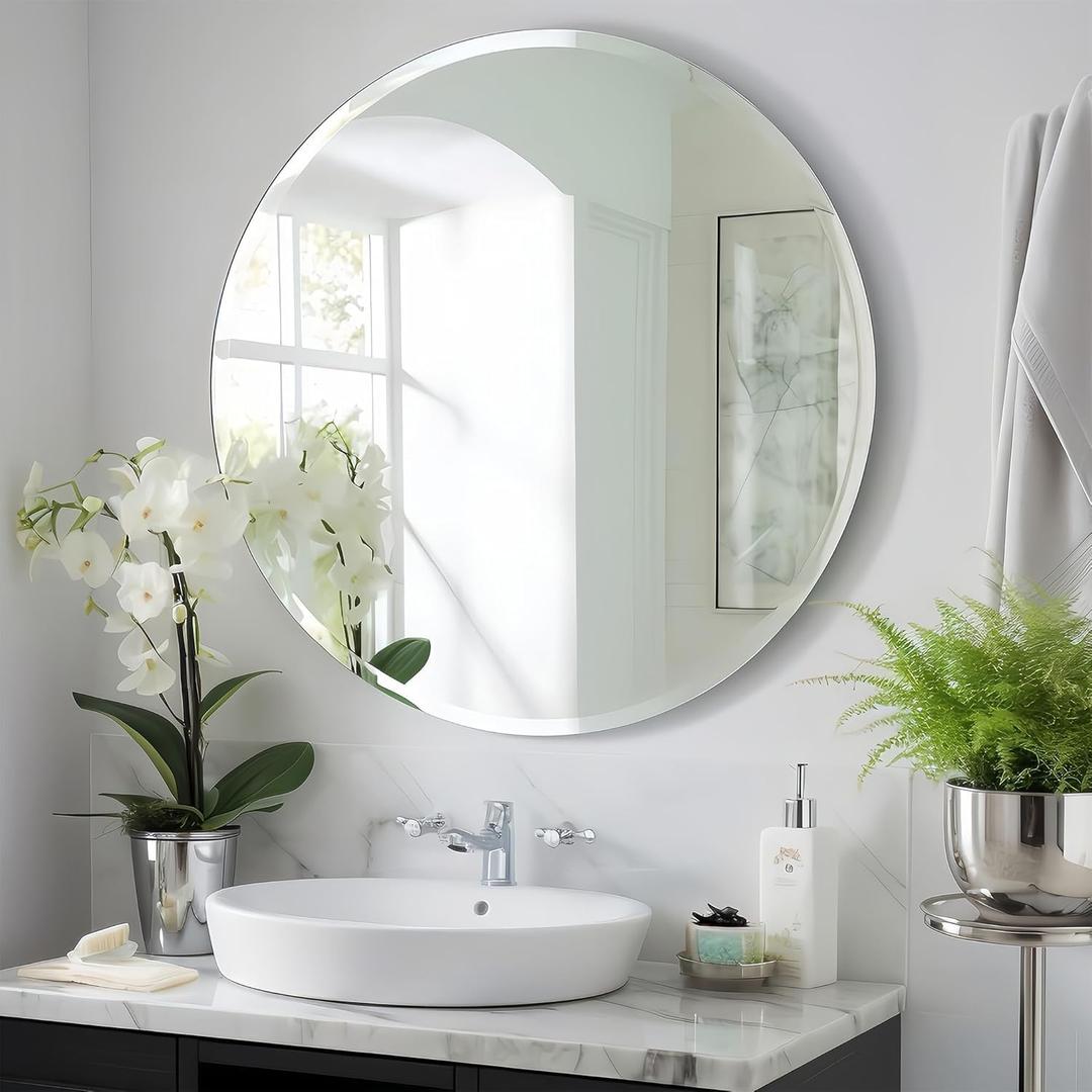 KOHROS Frameless Round Bathroom Mirror for Over Sink 24" x 24" Circle Mirror Beveled Edge Wall Mirror for Bathroom Vanity Entryway Bedroom