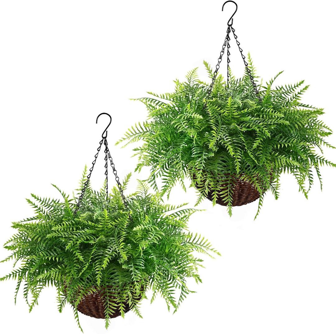 Waipfaru Fake Hanging Fern Plants Outdoor - 2 Pack UV Resistant Artificial Outdoor Hanging Plants, Realistic Faux Greenery Fern for Patio Front Porch Garden Home Decor