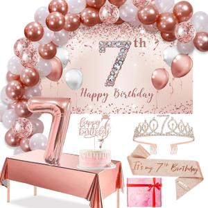 Trgowaul 7th Birthday Decorative Balloon Set Girls Arch, Rose Gold 7th Birthday Banner and Party Tablecloth, Belt and Tiara, Pink Gold 7th Balloon, Pink Birthday Cake Top, Latex Balloon * 60