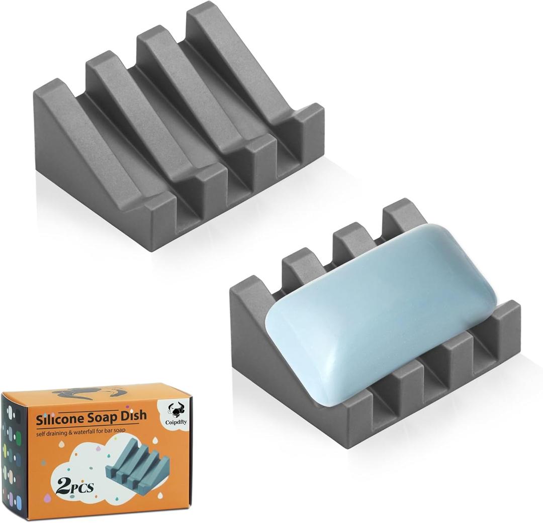 Self Draining Soap Dish Holder,Silicone Soap Dish,for Bathroom,Kitchen, SpongesCan Extend Soap LifeKeep Soap Bars Dry and Easy Cleaning (2, Grey)