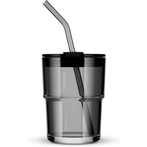 13oz/400ml Tumbler Water Glass, Water Bottle with Straw and Lid Sealed Carry on, Glass Coffee Mug Iced Tea Cup Thick Wall Insulated Glass Cup (Gray)