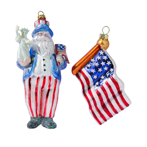 Blown Glass American Flag Ornament and Patriotic Santa Christmas Ornaments for Christmas Tree